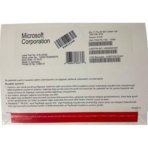 Microsoft Windows 11 Pro Türkçe 64Bit OEM (FQC-10556)