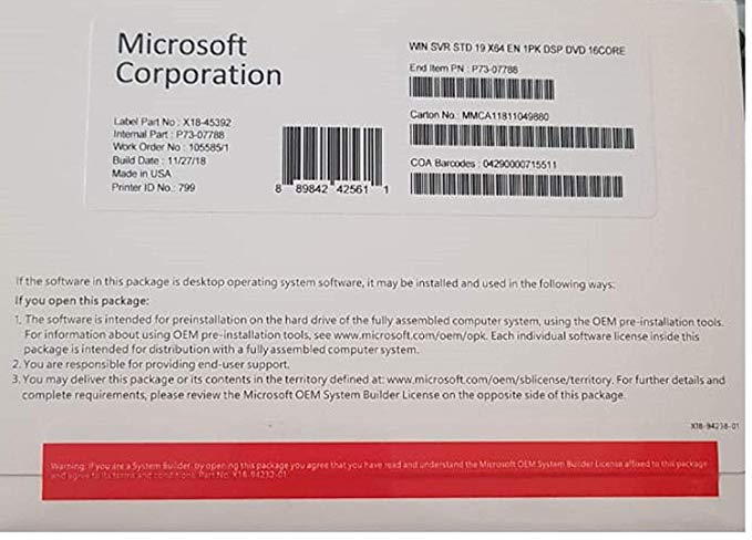 Microsoft Windows Server Standart 2019 English 16 Core